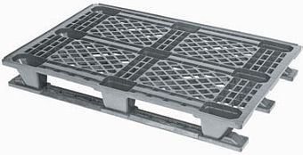 Very light weight nestable industrial plastic pallet with snap-on skids. Reduces freight charge by self assembly of snap-on skids: volume saving up to 75%