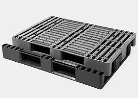 One-piece plastic pallet with 3 skids for medium duty. A cost effective, short plastic pallet
